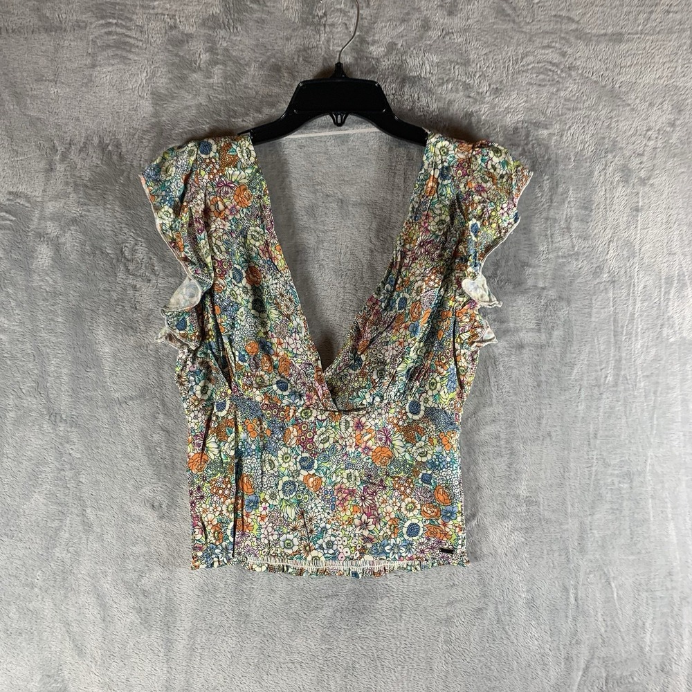 O'Neill Women's Top M Floral Cropped Smocked Coquette Cap Flutter Sleeve Boho